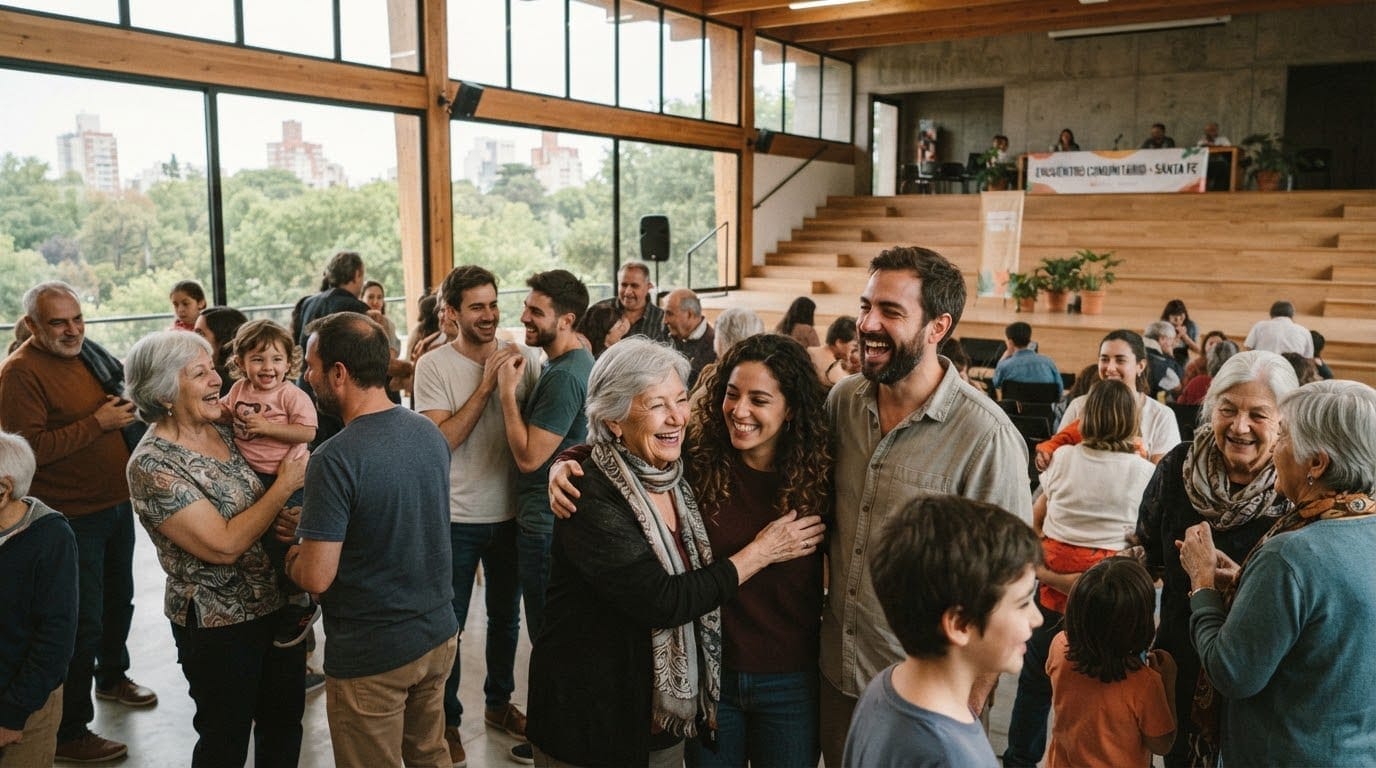 Comunidad multigeneracional de Brazos Abiertos reunida en un auditorio luminoso en Santa Fe
