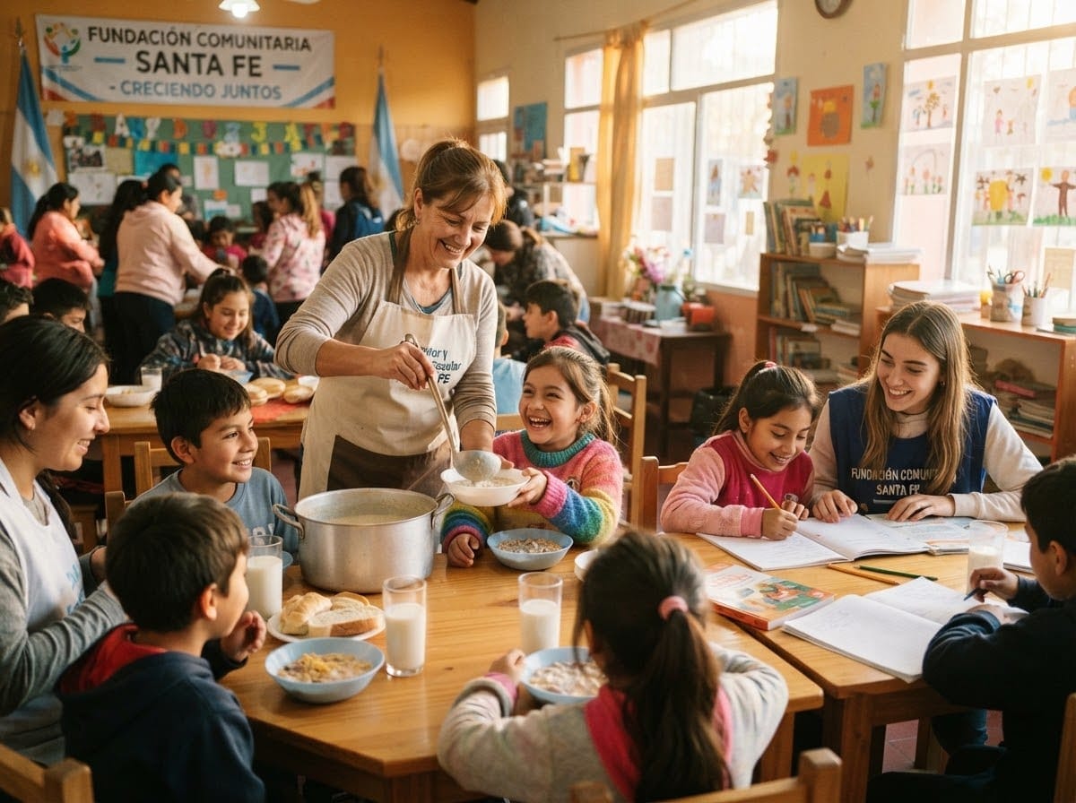 Voluntarias y niños de la Fundación Brazos Abiertos compartiendo una comida comunitaria